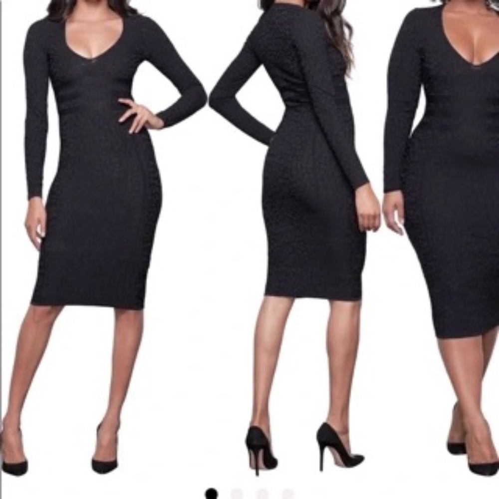 Good American Leopard Embossed BodyCon Deep V Long Sleeve Dress Black Sexy Party